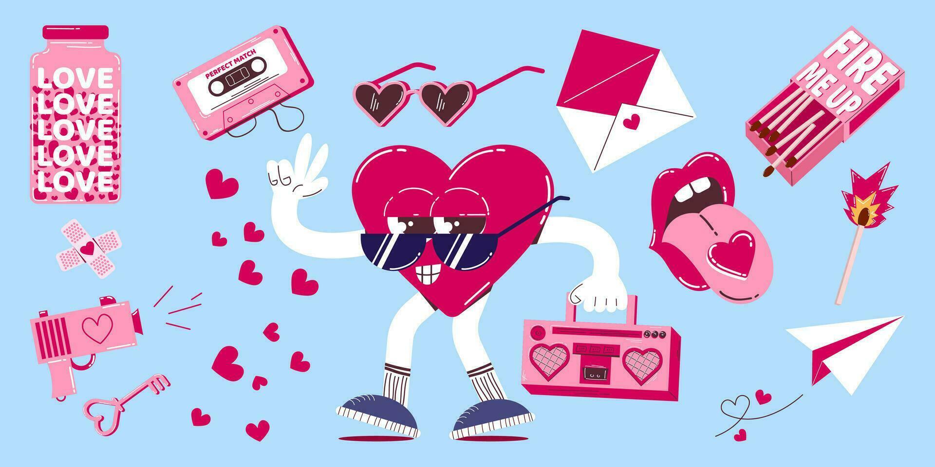 söt hjärta och cupid tecken för hjärtans dag i retro tecknad serie stil. färgrik rosa ClipArt av annorlunda element för hjärtans dag. trendig maskot design. vektor