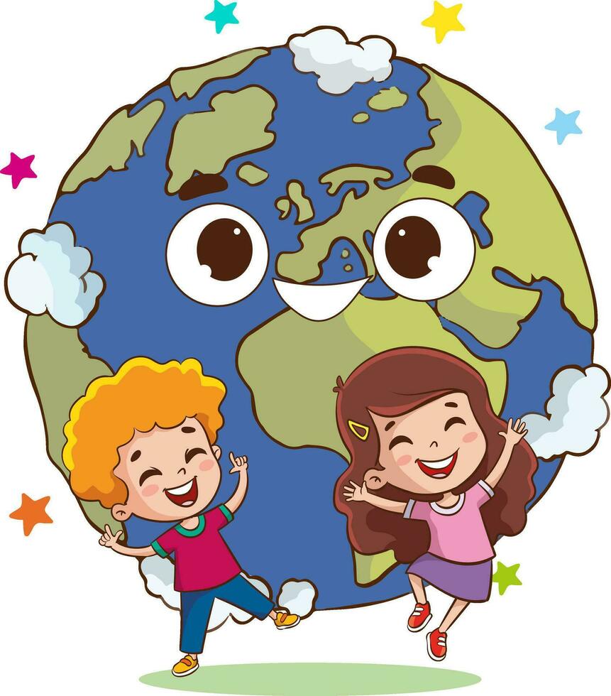 vektor illustration av tecknad serie värld och Lycklig barn