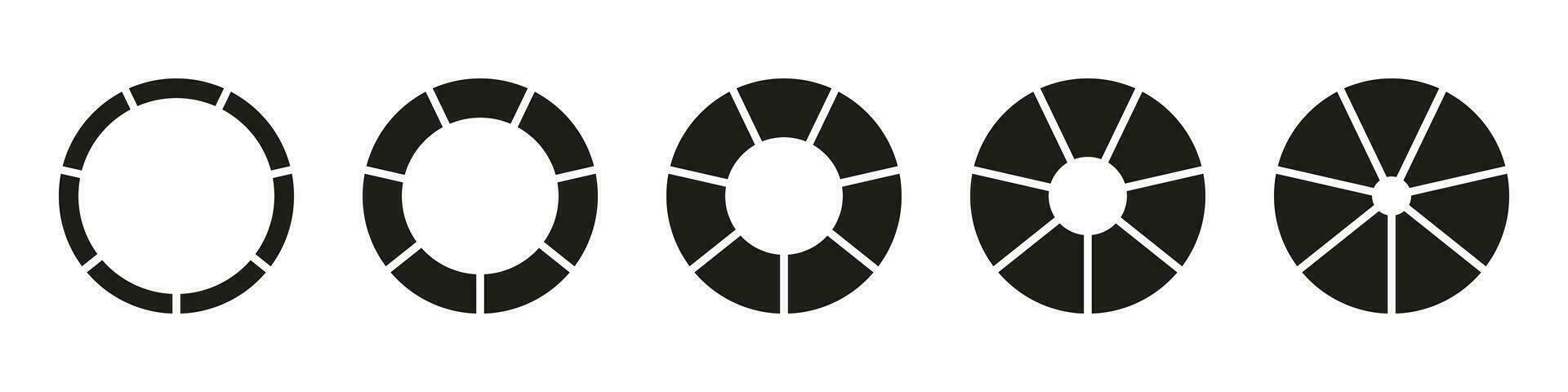Räder runden geteilt im Sieben Abschnitte. Krapfen Diagramme oder Kuchen segmentiert auf 7 gleich Teile. Diagramme Infografik Satz. Kreis Sektion Graph. Kuchen Diagramm Symbole. Vektor Illustration. geometrisch Elemente.