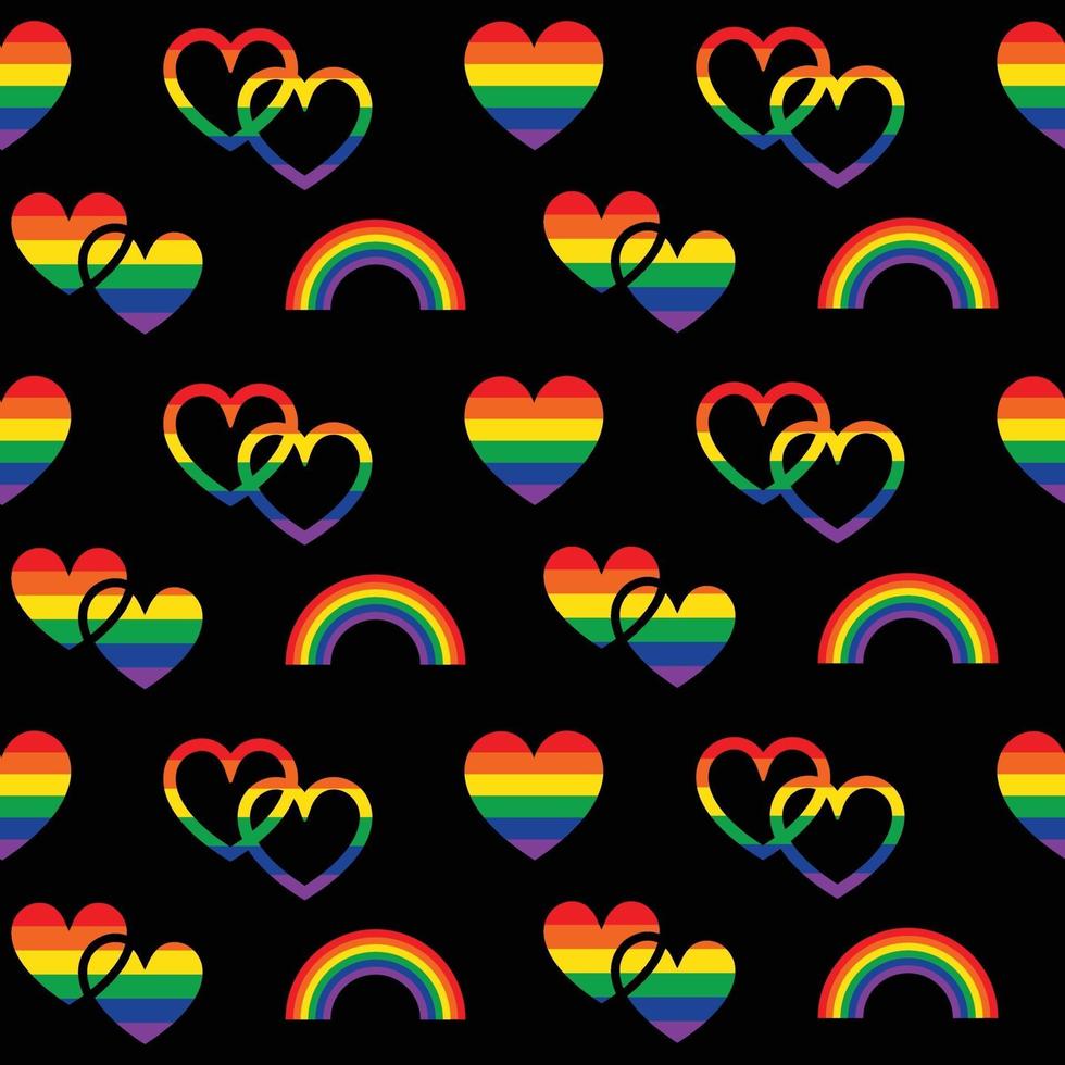 Regenbogenstolz nahtloses Muster mit Herzen und Regenbogen auf Schwarz vektor