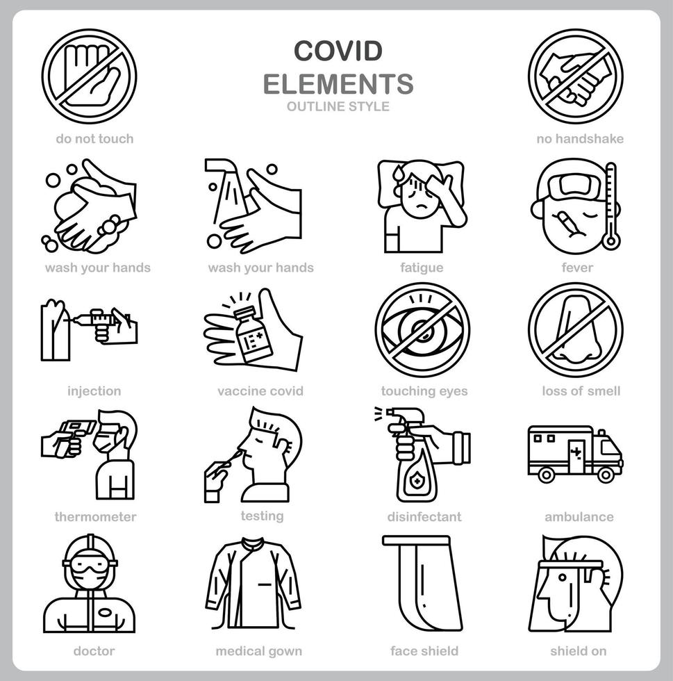 Covid Konzept Icon Set Umrissstil. vektor