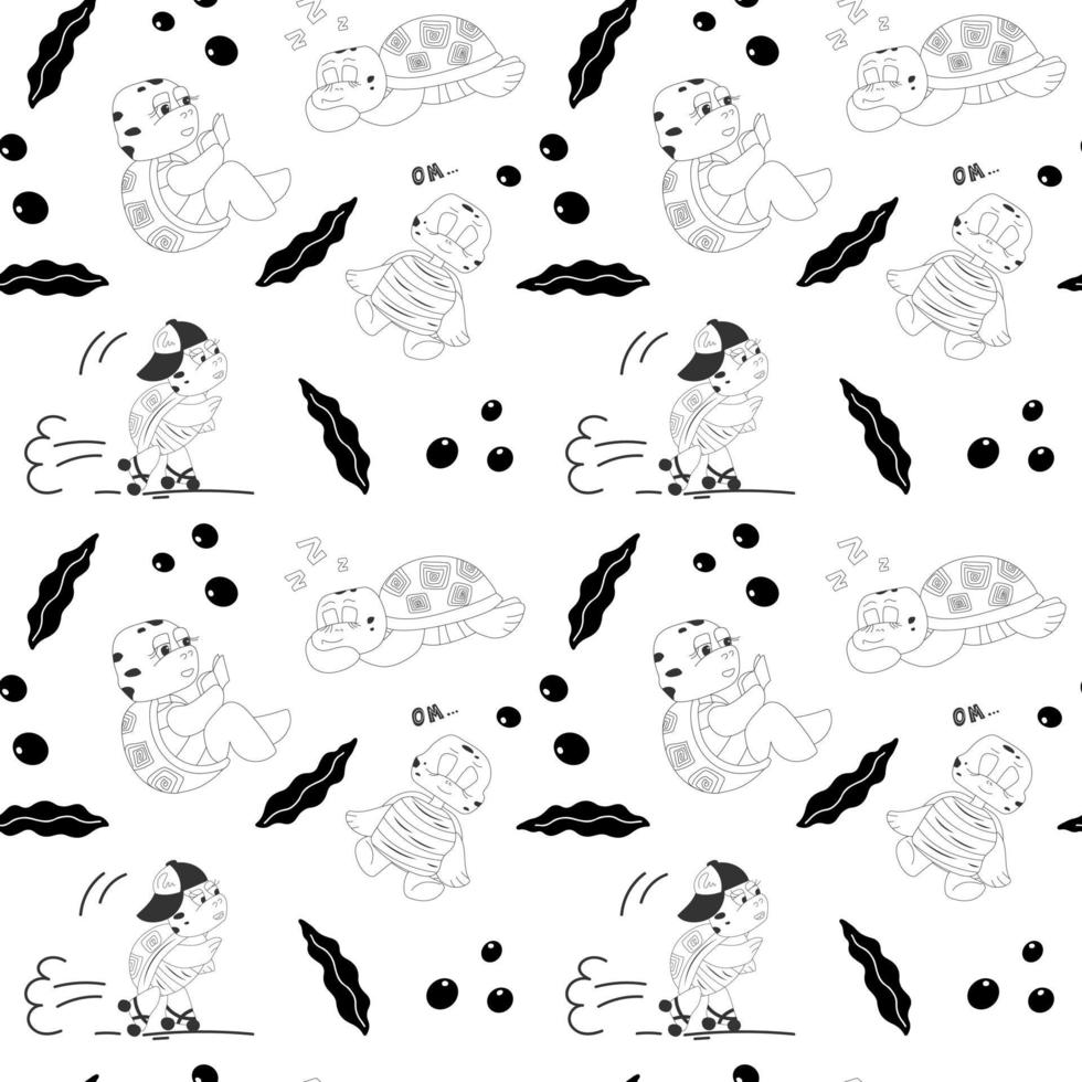 svartvitt sömlöst mönster med söta karaktärer av sköldpaddor vektor