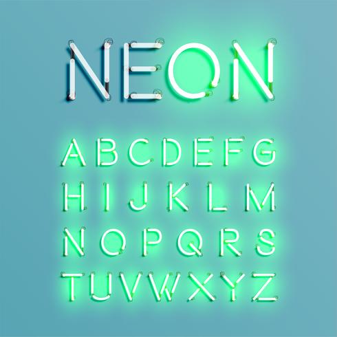 Realistisk neon tecken typsnitt set, vektor illustration