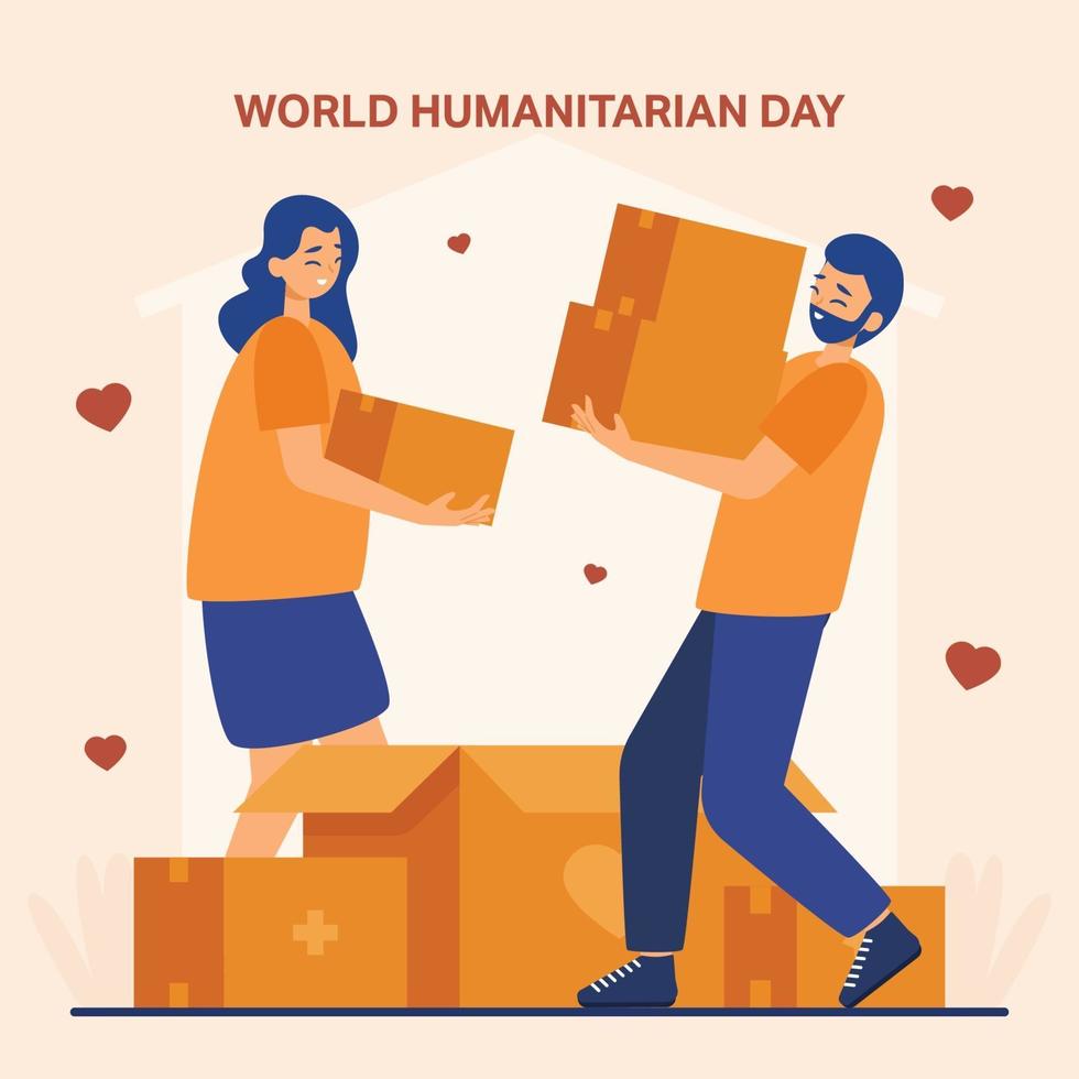 världen humanitära dagen volontärer människor som håller kartonger vektor