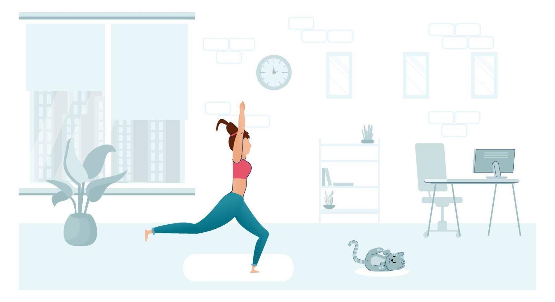 sportövning hemma. träning online träning yoga träning kvinna vektor