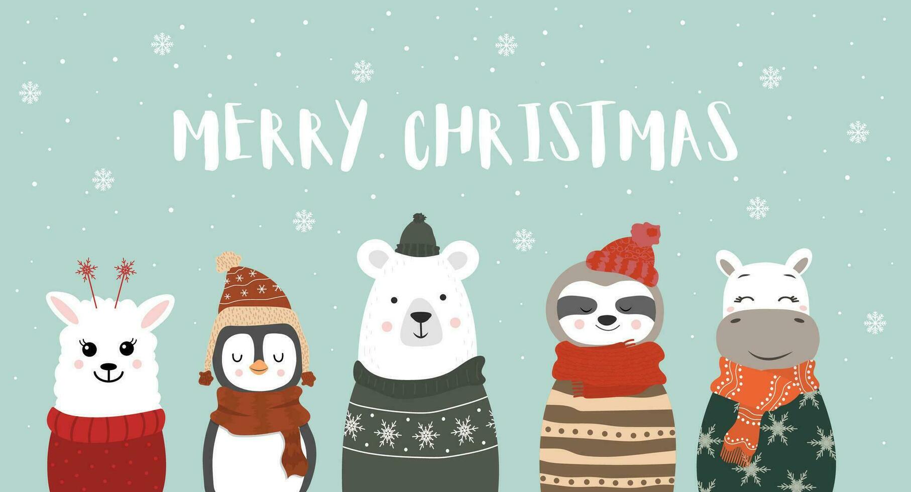 uppsättning av söt vinter- leende djur med snöflingor. tecknad serie Zoo. vektor illustration. posters för de design av barn Produkter i scandinavian stil. glad jul.