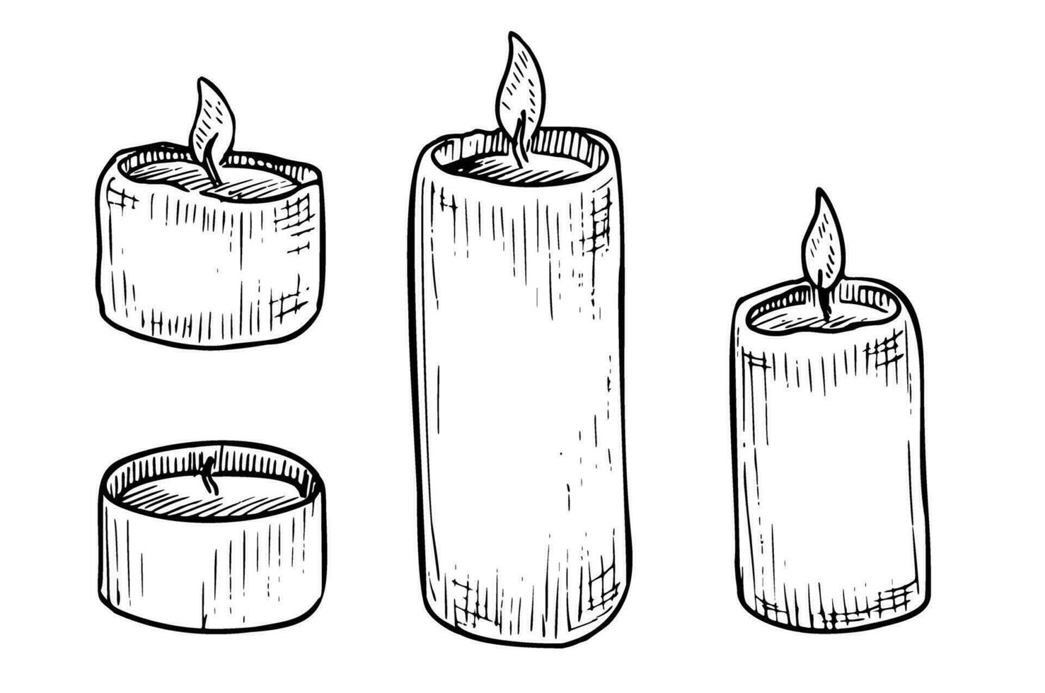 uppsättning av vax ljus med levande ljus. hand dragen vektor illustration av årgång ljus för mysigt interiör. teckning i linje konst stil målad förbi svart bläck på vit bakgrund. skiss av Hem dekor