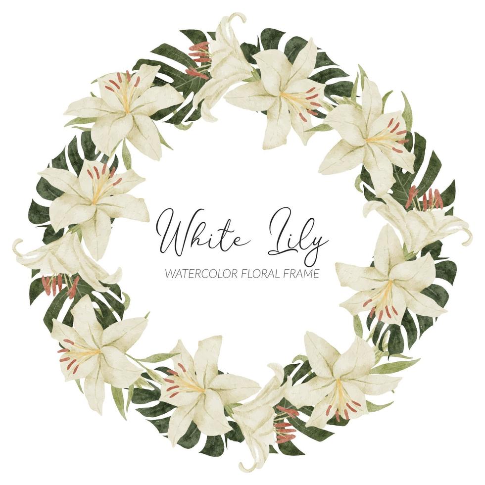 Aquarell weiße Lilie Blumenkranz Illustration mit Monstera vektor