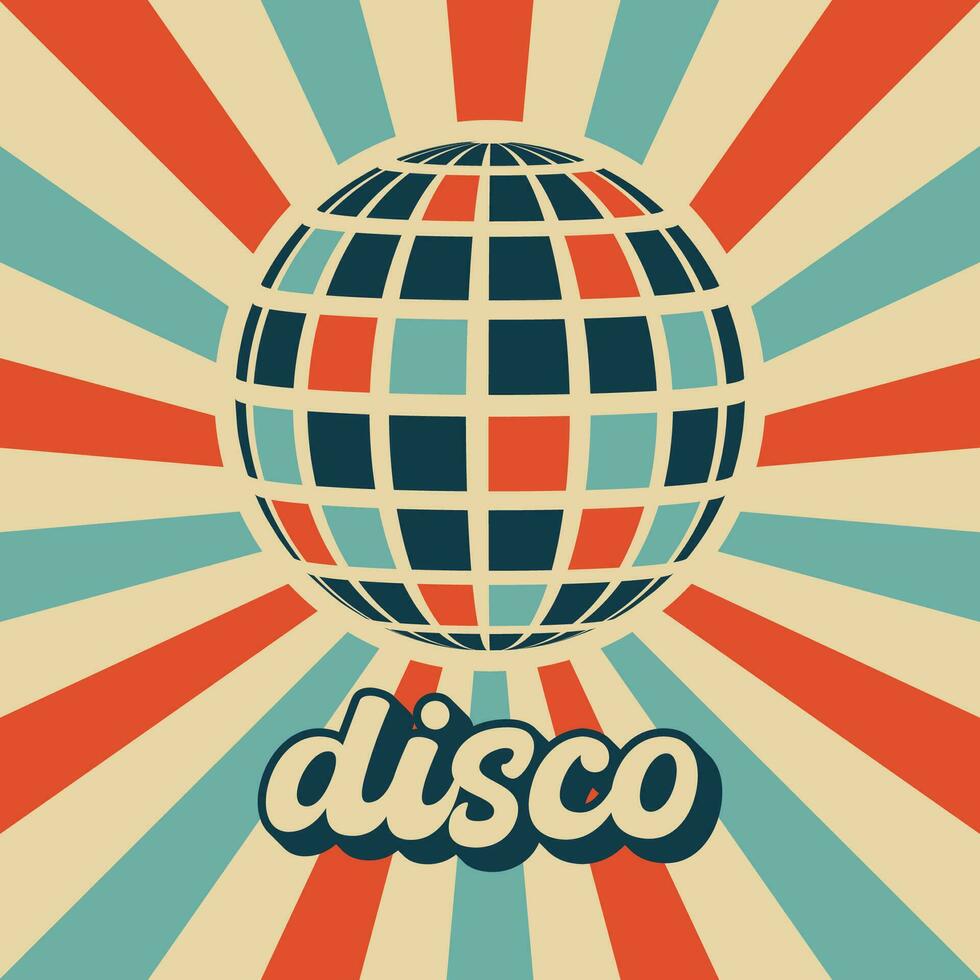 retro groovig Disko Ball im modisch Jahrgang Farben mit Sunburst Hintergrund. Disko Jahrgang Poster zum retro 70er Jahre Parteien vektor