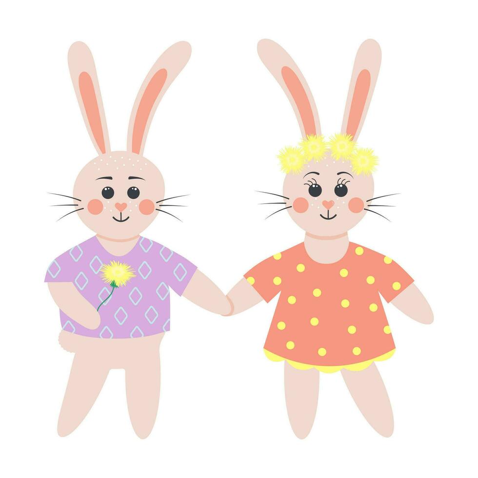 söt kaniner i kärlek. kanin pojke med maskros innehav kanin flicka förbi de hand. tecknad serie skog tecken. vektor