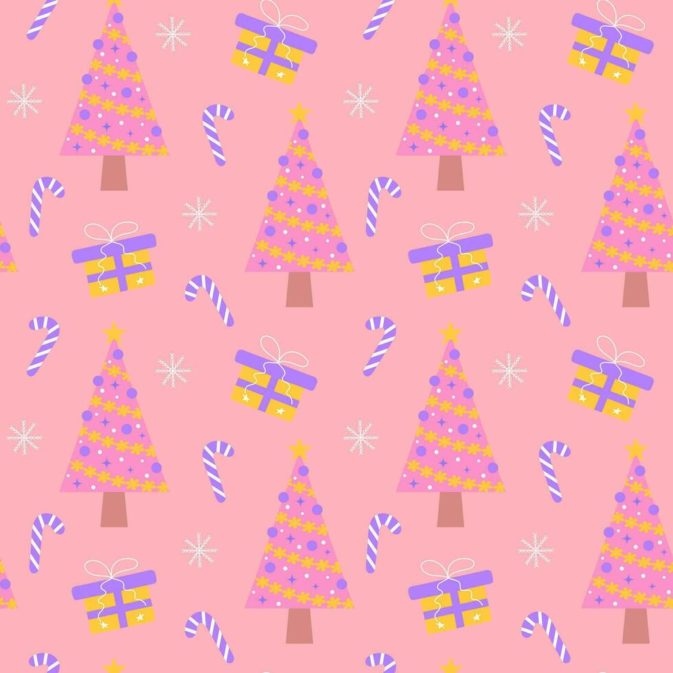 süß Rosa Weihnachten Baum, Süßigkeiten Stock, Geschenk und Schneeflocke nahtlos Muster. Glanz Pastell- Weihnachten drucken zum Verpackung oder Textil. vektor