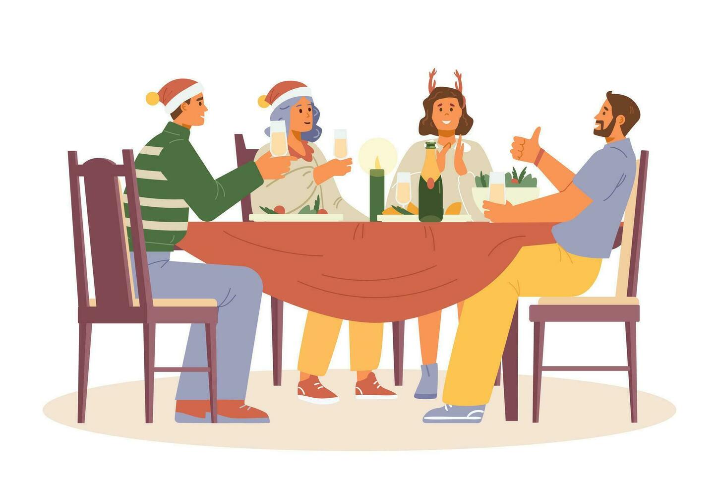 Weihnachten Party beim Zuhause eben Vektor Illustration. freunde beim Abendessen Tabelle mit Brille von Champagner Lachen und Herstellung ein Toast.