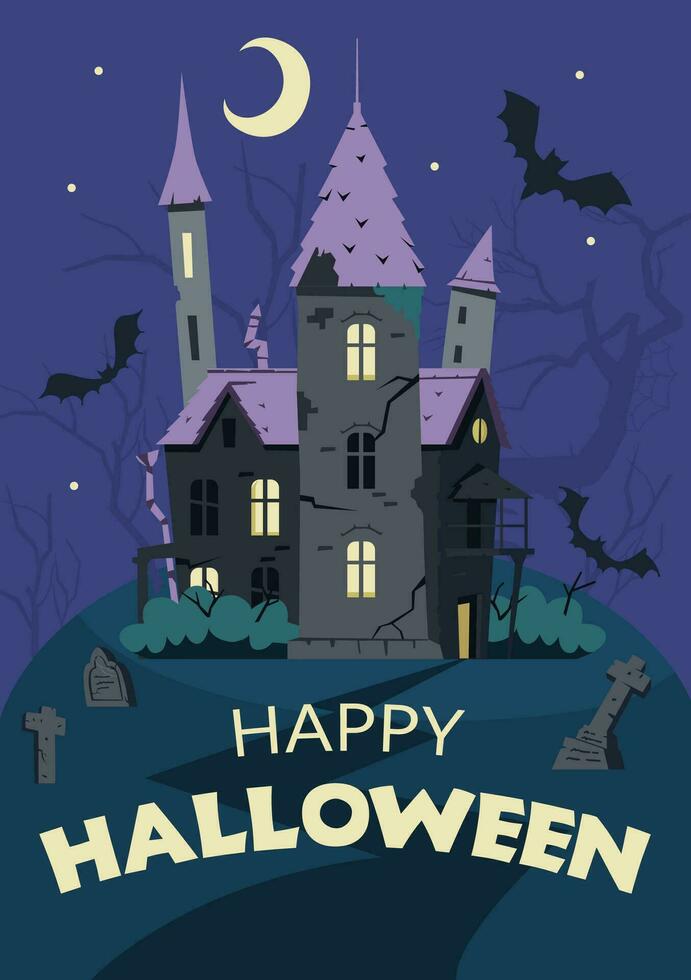 glücklich Halloween Vektor Gruß Karte mit gruselig alt Schloss, Grab Hof und Fledermäuse. Halloween Nacht Vektor Hintergrund.