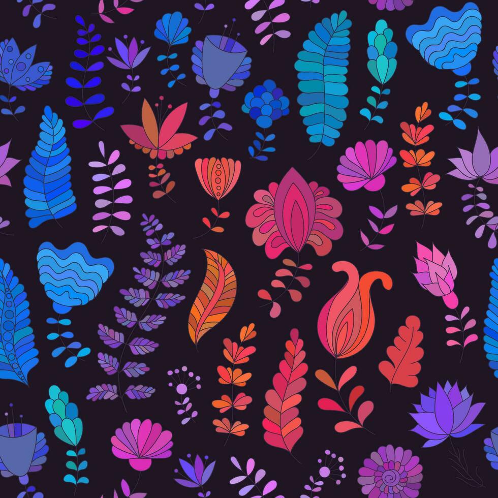 sömlös mönster med färgrik mång färgad blommor, klotter teckning vektor