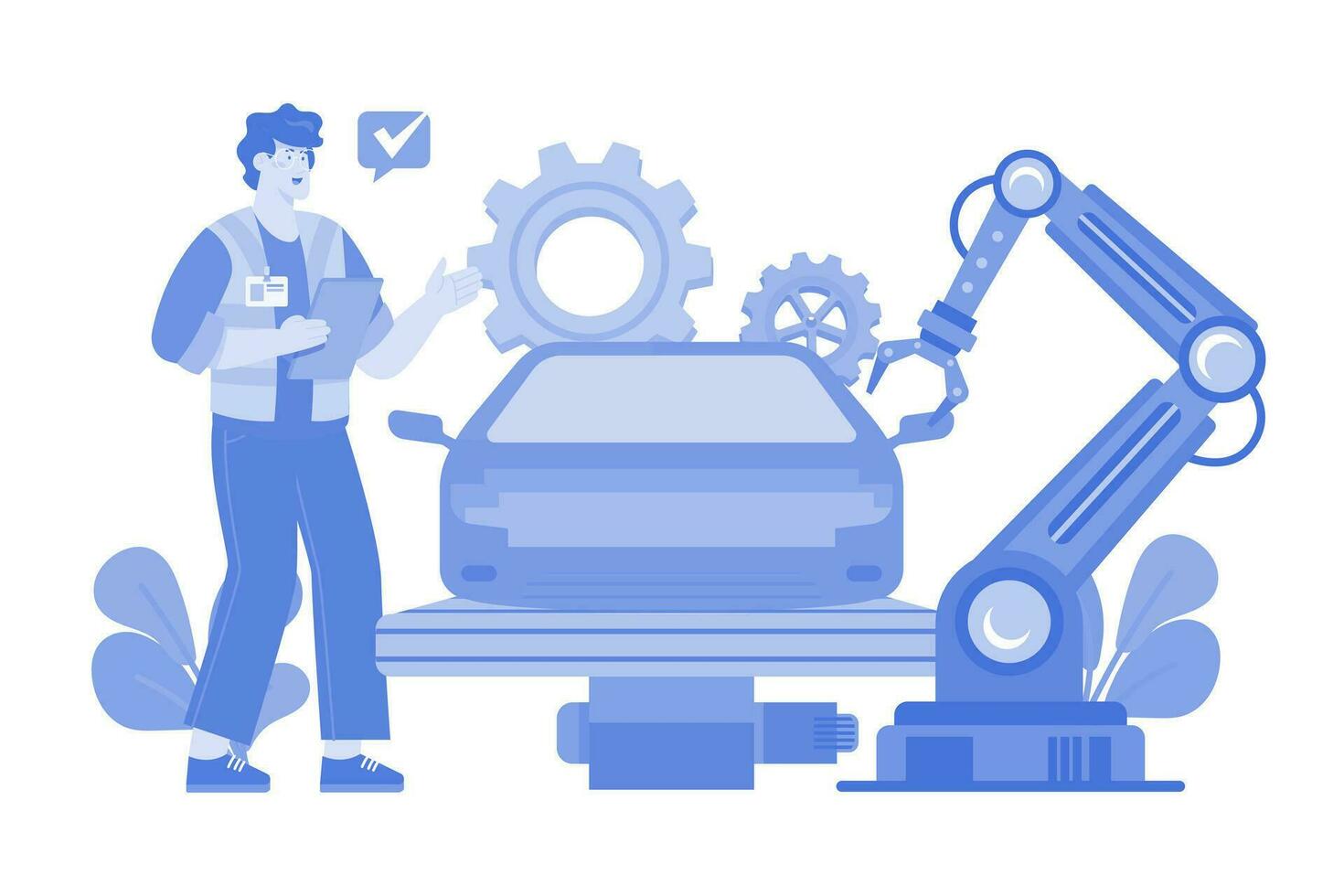 automatisiertes autoproduktionsillustrationskonzept auf weißem hintergrund vektor