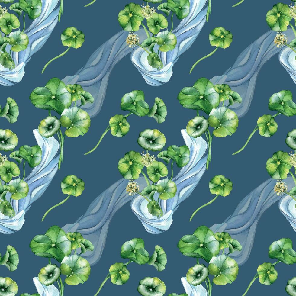 Centella asiatica Kräuter- Pflanzen und Welle Aquarell nahtlos Muster isoliert auf Blau. Wassernabel, hab dich Kola Wasser Form, Geranie Blume Hand gezeichnet. Design zum Paket, Textil, Verpackung, Hintergrund vektor