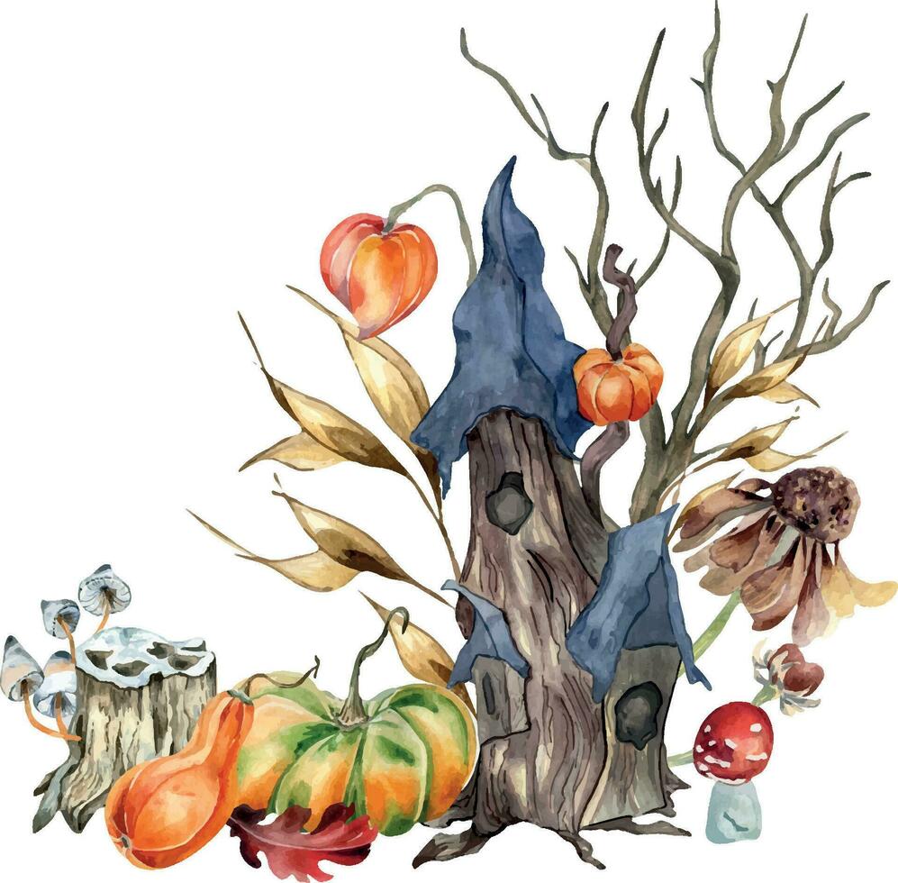 Aquarell Herbst Wald Haus Illustration isoliert auf Weiß Hintergrund. verfolgt Haus, Herbst Laub Hand gezeichnet. Design Element zum Karte, Halloween drucken, Typografie, Scrapbooking vektor