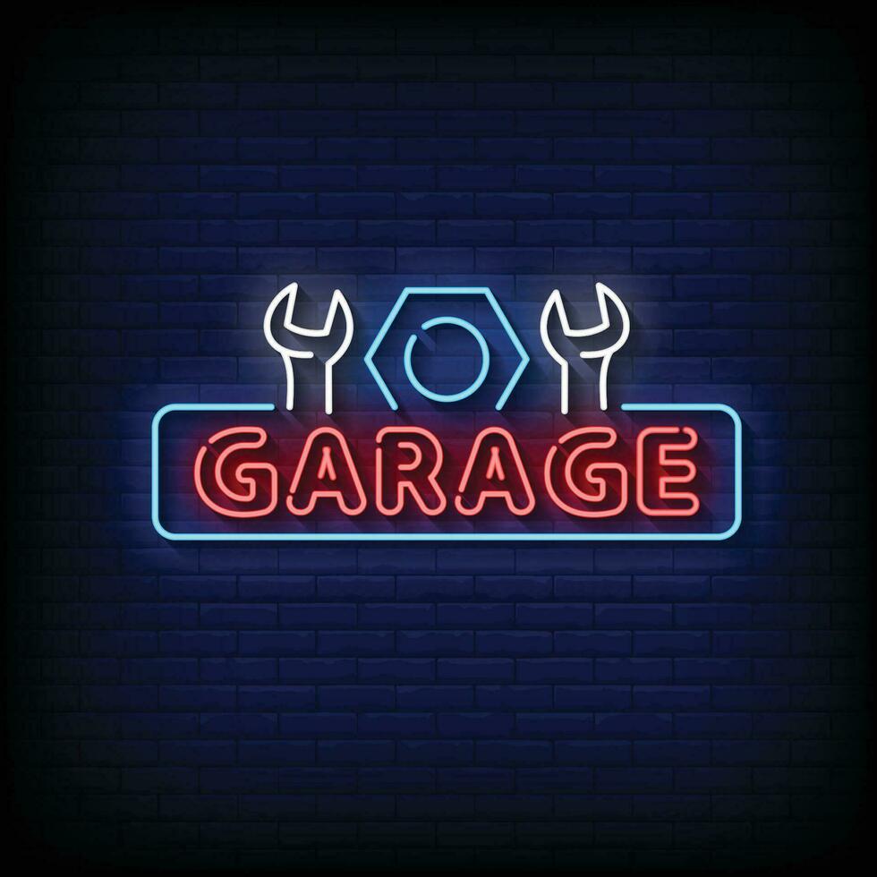 Neon- Zeichen Garage mit Backstein Mauer Hintergrund Vektor