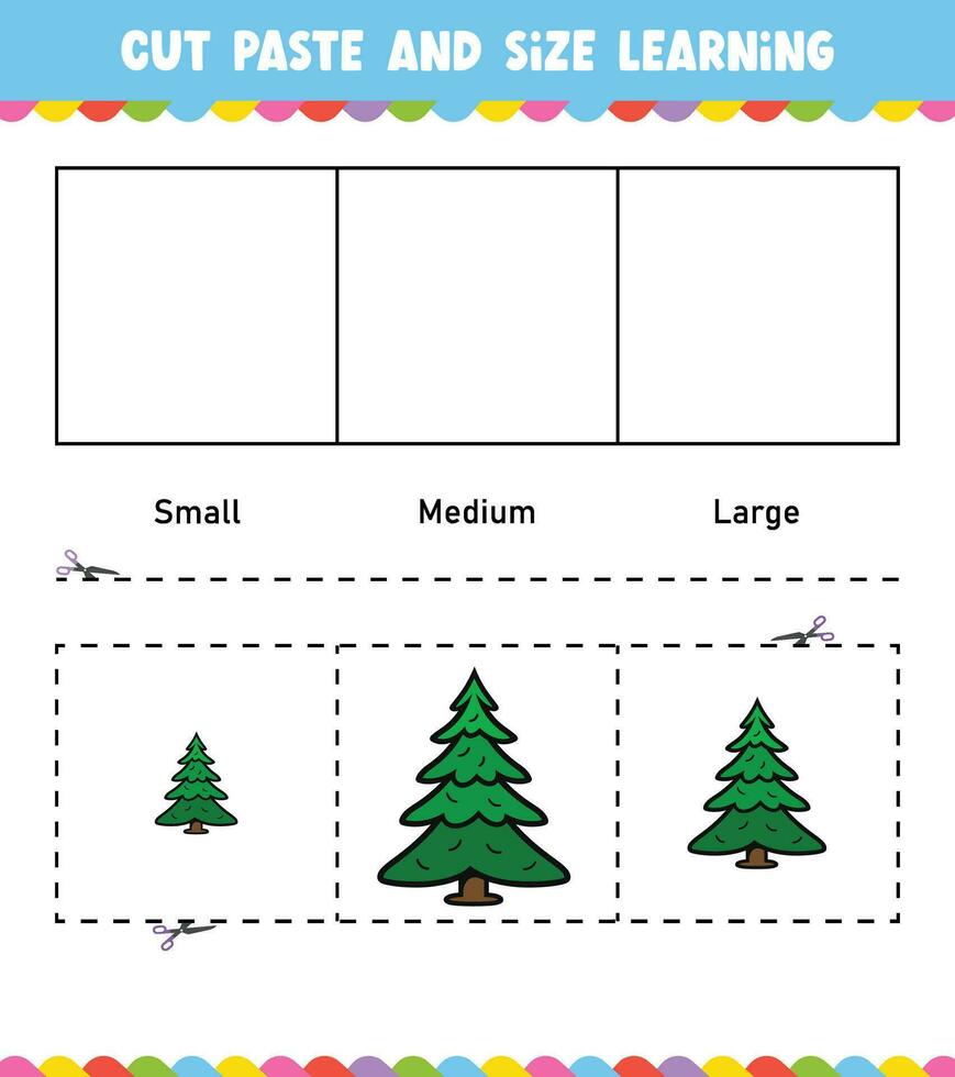 inlärning storlekar skära och klistra lätt aktivitet kalkylblad spel för barn jul tema vektor