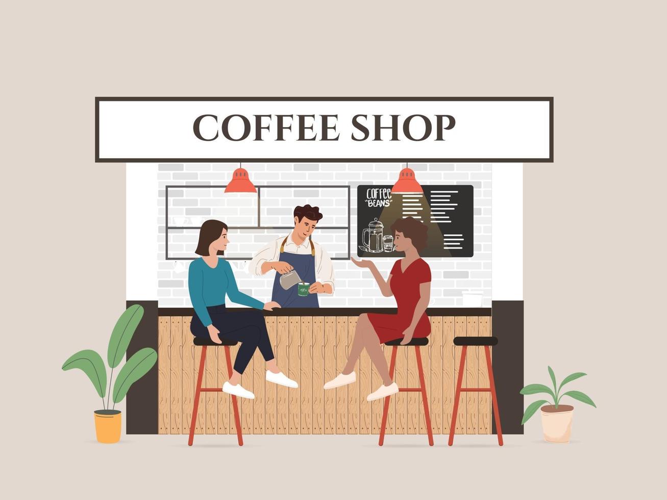 kleiner Coffeeshop Business Illustration Besucher und Kellnerin vektor
