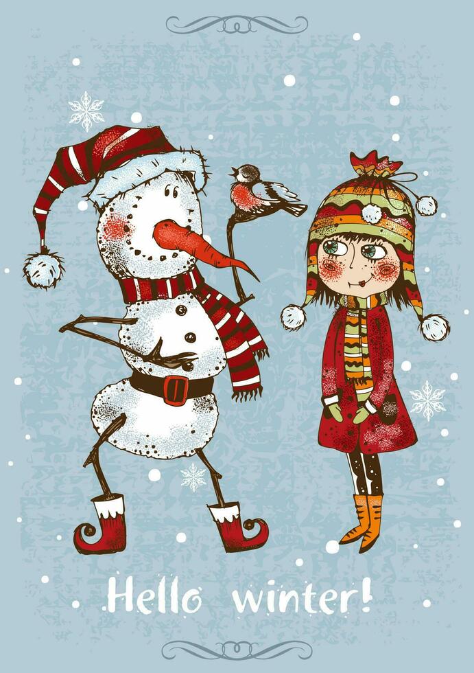 Hallo Winter. Weihnachten Karte mit ein süß Mädchen und ein Schneemann. Vektor. vektor