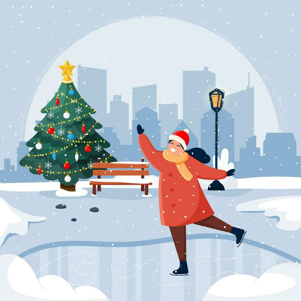 jul stad parkera. Lycklig söt flicka is skridskoåkning i de parkera. stad landskap med jul träd, bänk, gata lampa, krans, is rink. stad i de bakgrund. vektor illustration i en platt stil.