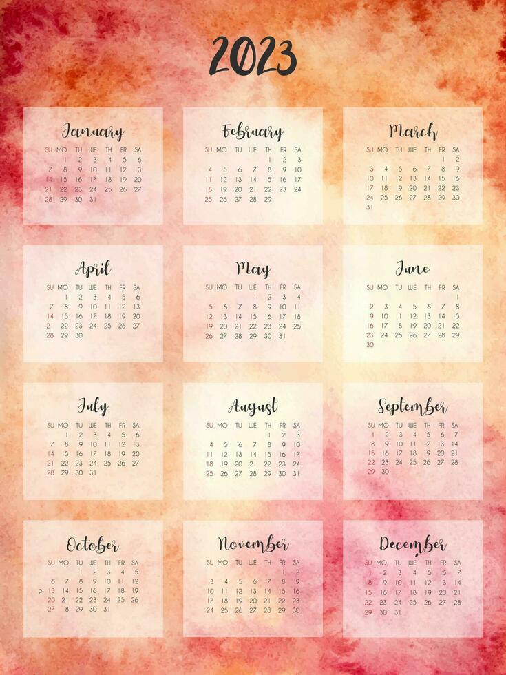 Kalender 2023 auf das abstrakt Aquarell Hintergrund. Aquarell Kalender 2023. rot Kalender. vektor