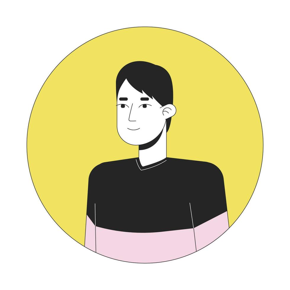 leende koreanska man i tillfällig kläder 2d linje vektor avatar illustration. avslappnad Framställ översikt tecknad serie karaktär ansikte. glad asiatisk manlig städa propert utrusta platt Färg användare profil bild isolerat