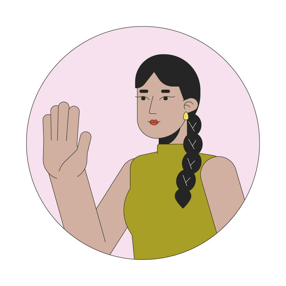 vinka Söt indisk kvinna med lång fläta 2d linje vektor avatar illustration. söder asiatisk lady ordspråk Hej översikt tecknad serie karaktär ansikte. positiv hälsa platt Färg användare profil bild isolerat