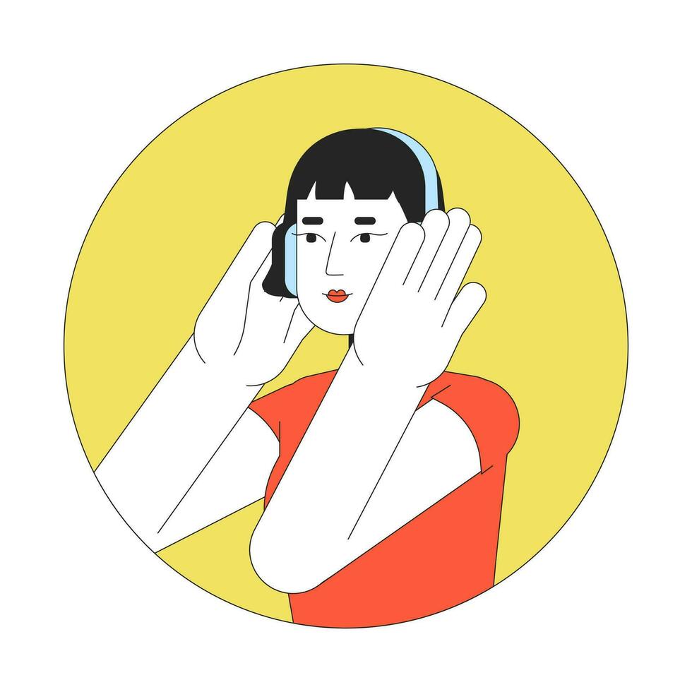 asiatisk tonåring flicka hörlurar 2d linje vektor avatar illustration. modern koreanska kvinna lyssnande till musik översikt tecknad serie karaktär ansikte. podcast lyssnare platt Färg användare profil bild isolerat