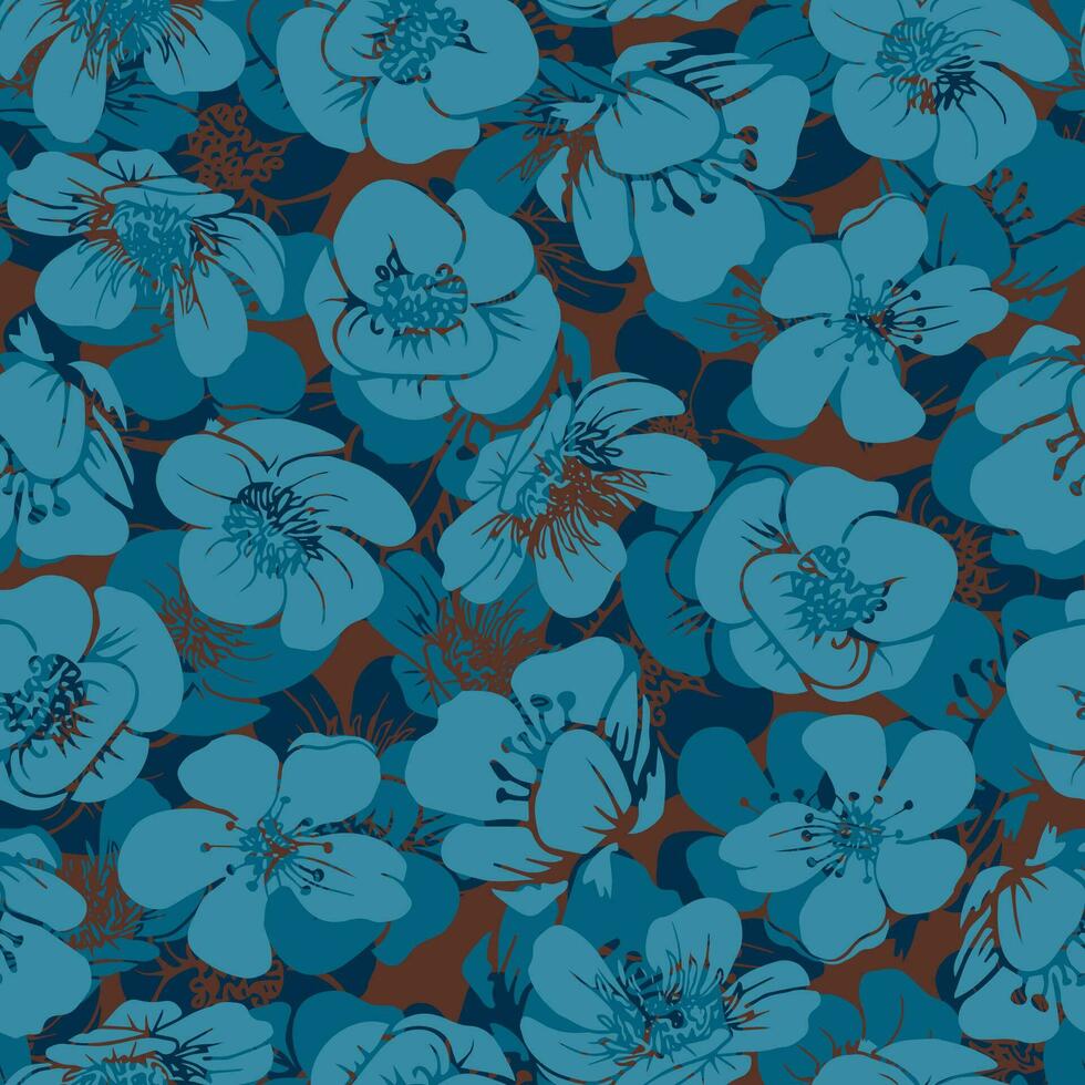 hand dragen sömlös blommig mönster. ändlös bakgrund med blå blommor för textil, tyg. vektor