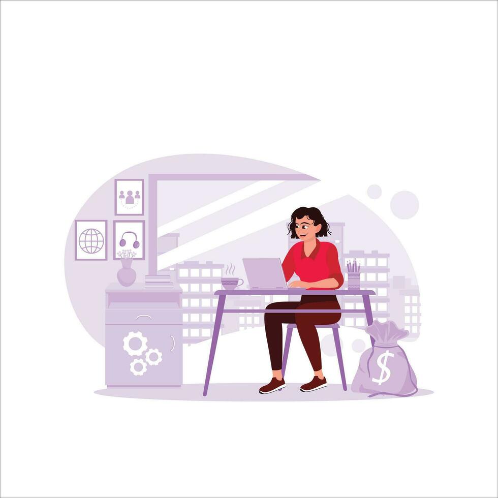ung affärskvinna arbetssätt på bärbar dator dator i modern kontor, arbetssätt på finansiera och marknadsföring projekt, kontor arbete begrepp. vektor