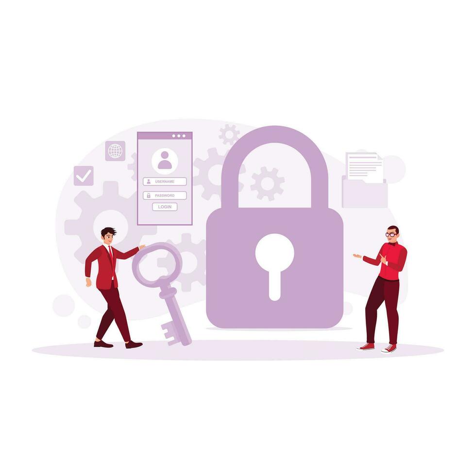 två företag människor innehav en nyckel och låsa. personlig data skydd. data skydd begrepp. trend modern vektor platt illustration