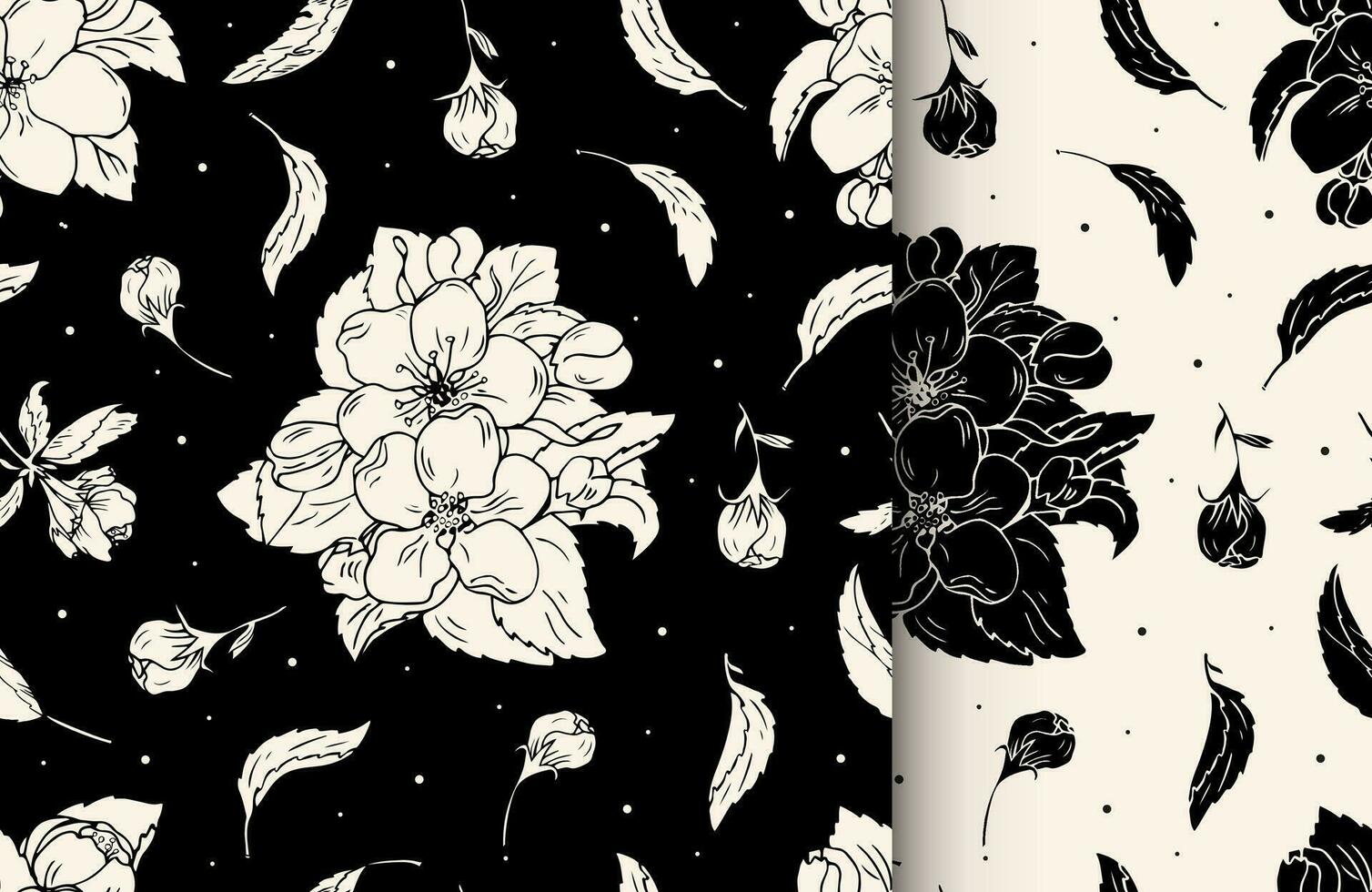 uppsättning av blommig sömlös mönster med svart och vit blommor. vektor svartvit bakgrund med körsbär blommor för textil- skriva ut, tyg, omslag.