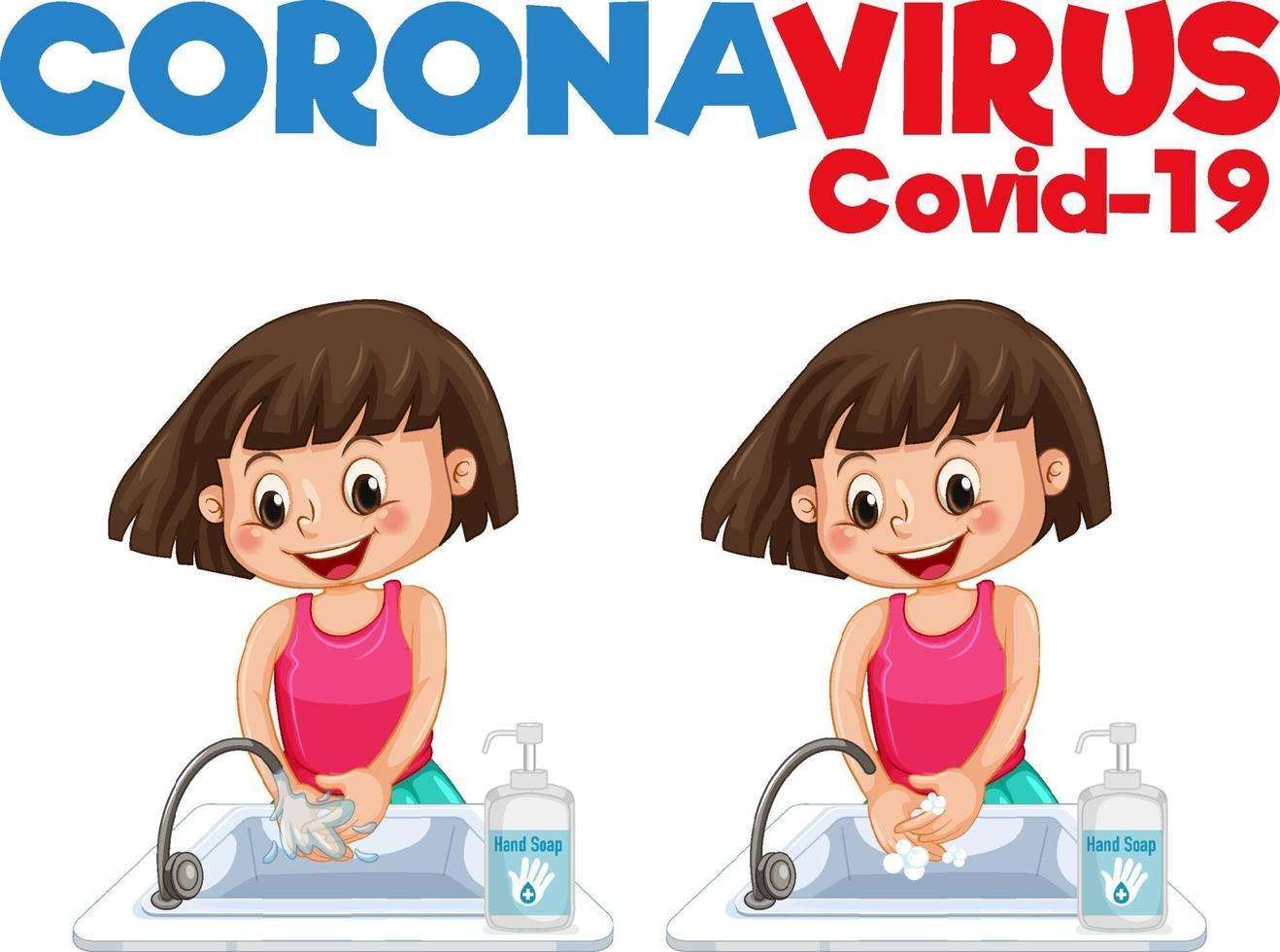 stoppa coronavirus banner med en flicka som tvättar händerna på vit bakgrund vektor