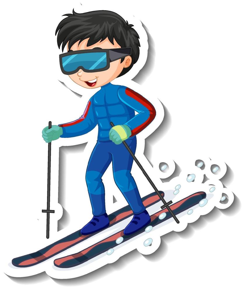 Aufkleberdesign mit einem Jungen, der Ski-Cartoon-Figur fährt vektor