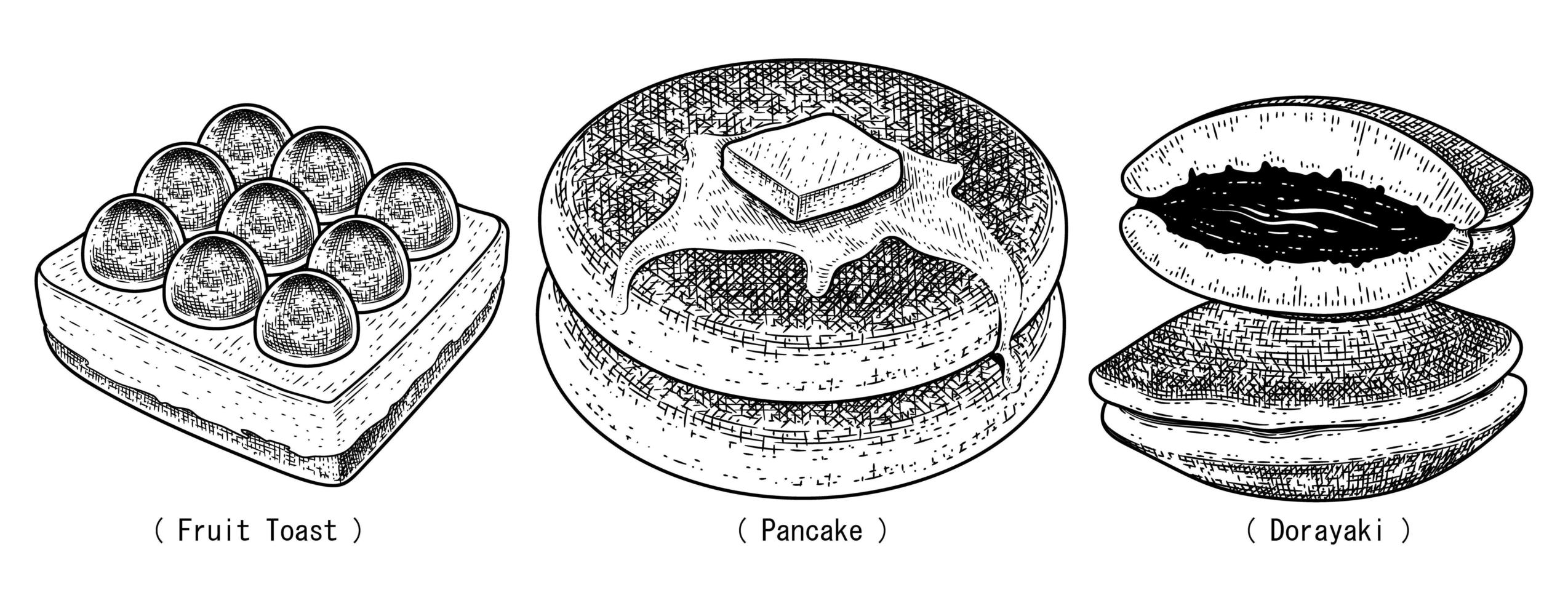 Dessert handgezeichnete Skizze Vektor. Früchtetoast, Pfannkuchen und Dorayaki vektor