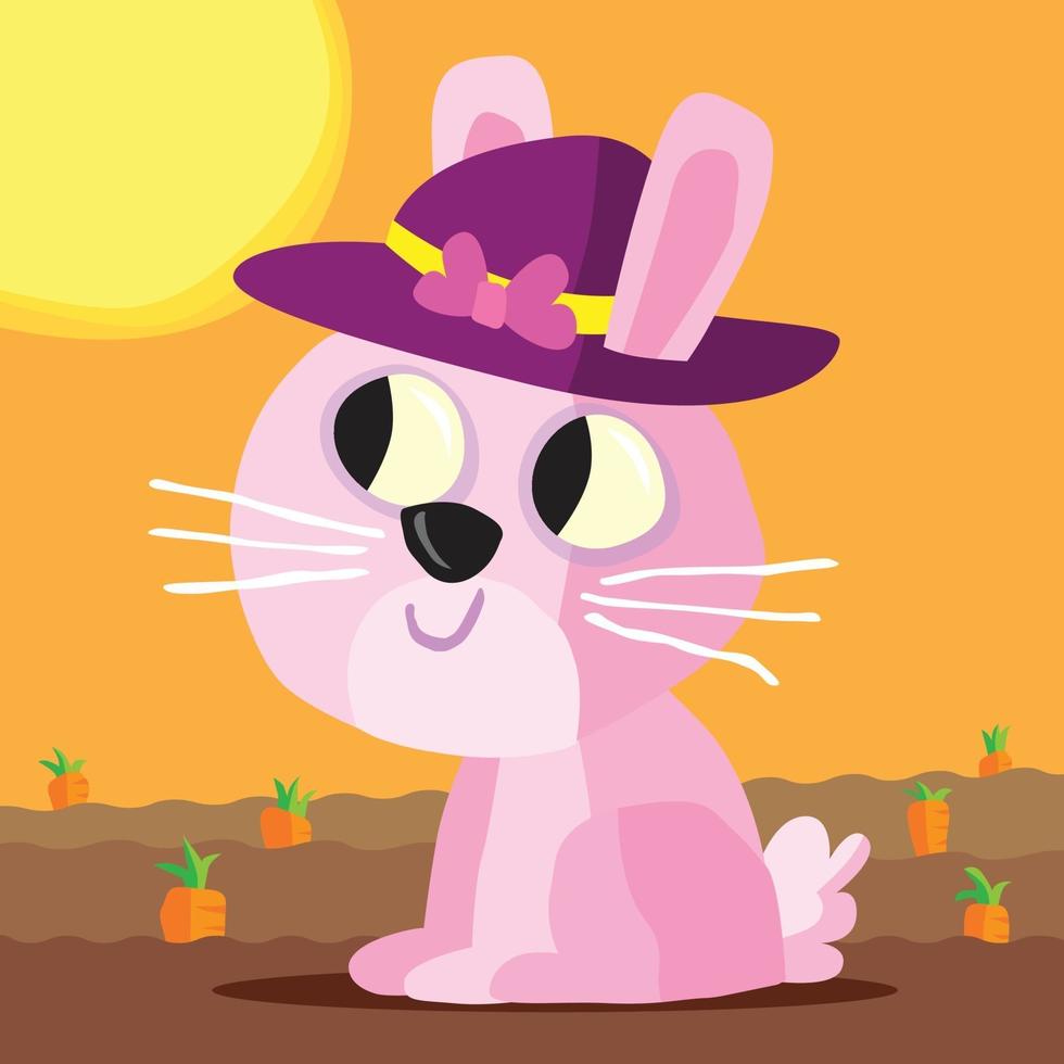 Kaninchen in einem lila Hut mit breiter Krempe auf einem Karottenfeld vektor