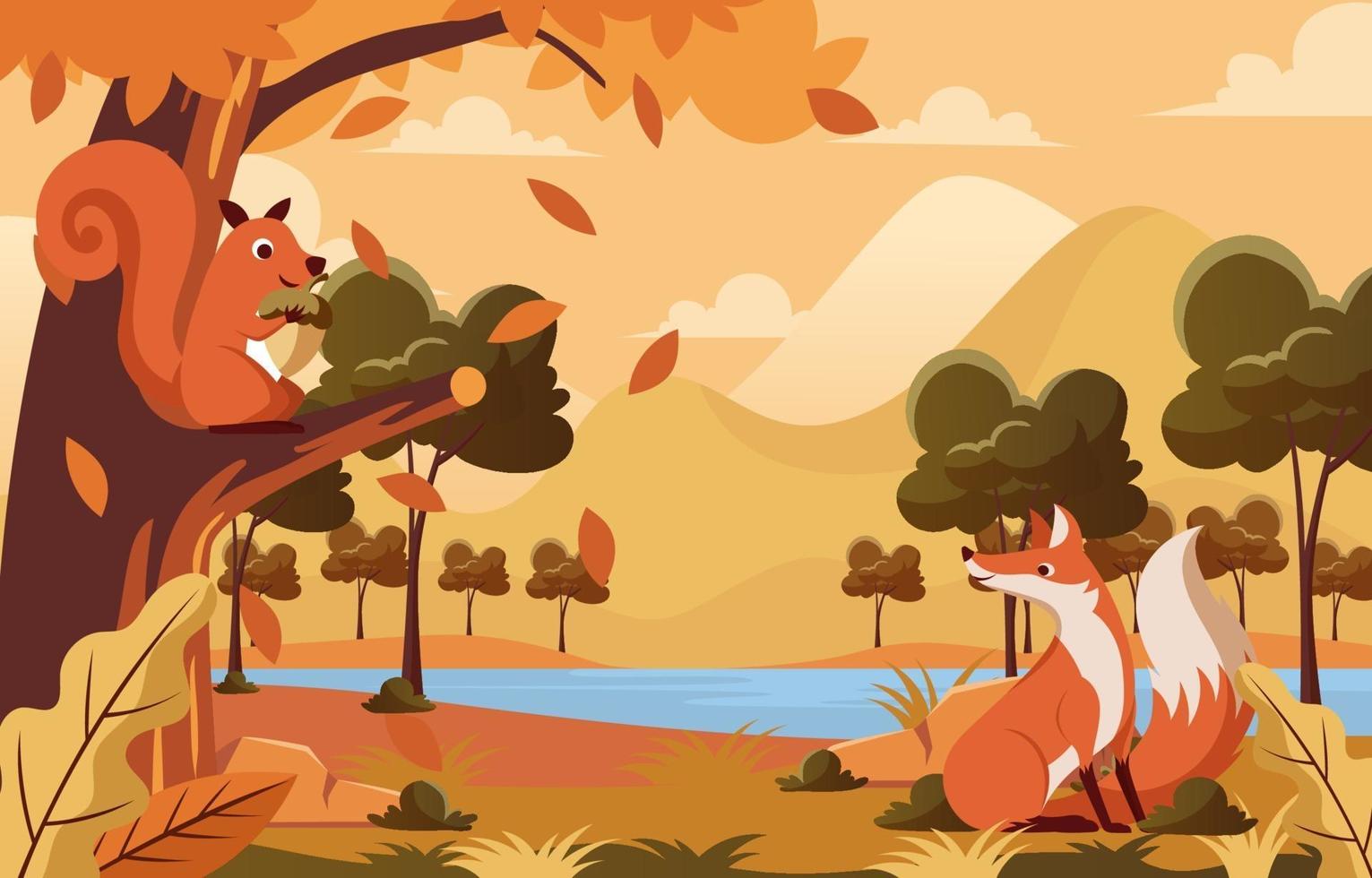 Eichhörnchen und Fuchs im Herbstwald vektor