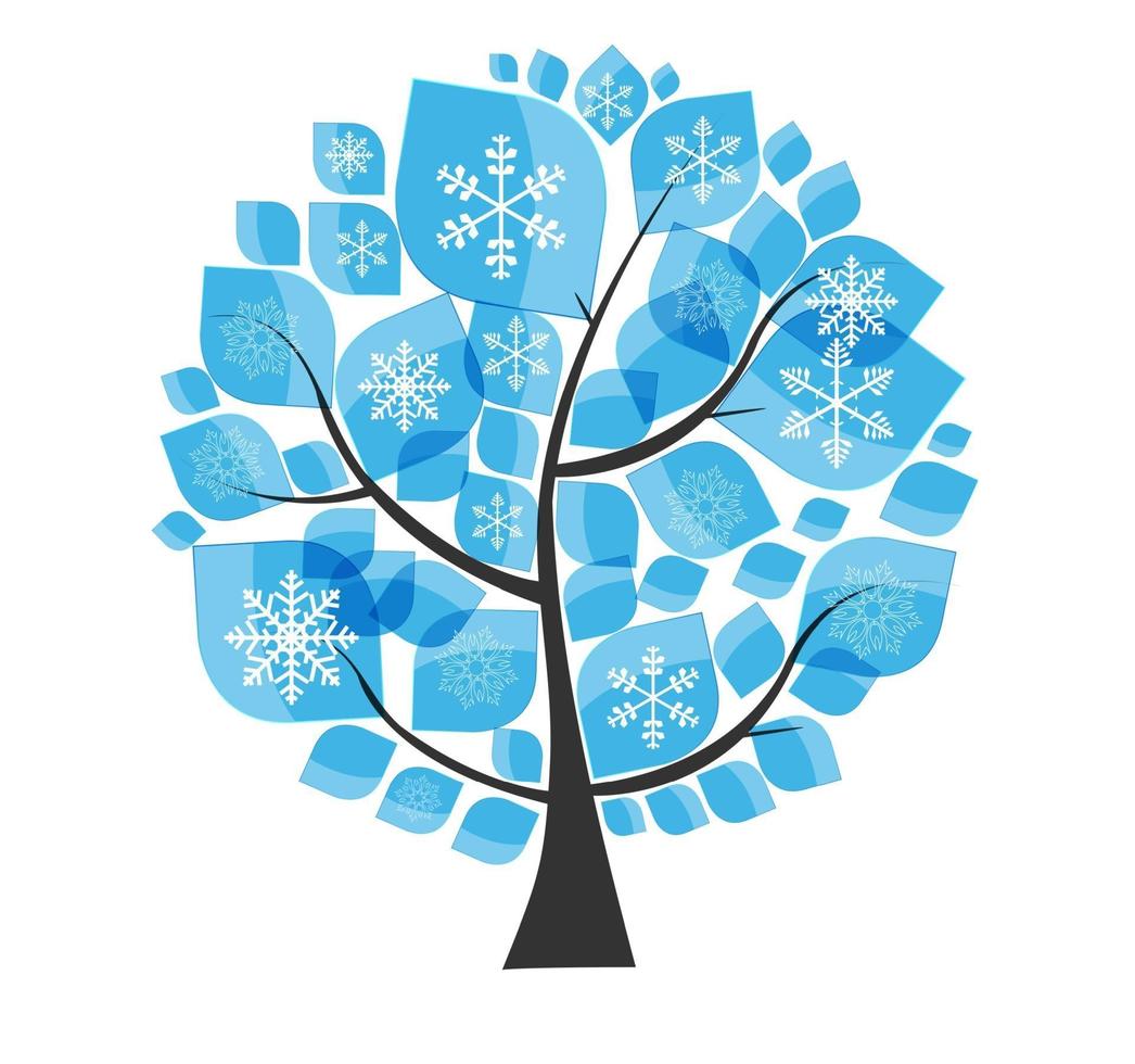 vackert blå vinterträd med snöflingor på en vit bakgrund vektor