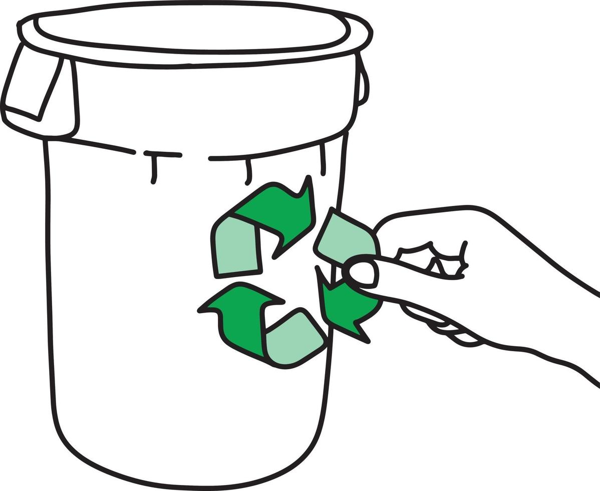 hand som håller grönt återvinningsskylt på papperskorgen vektor