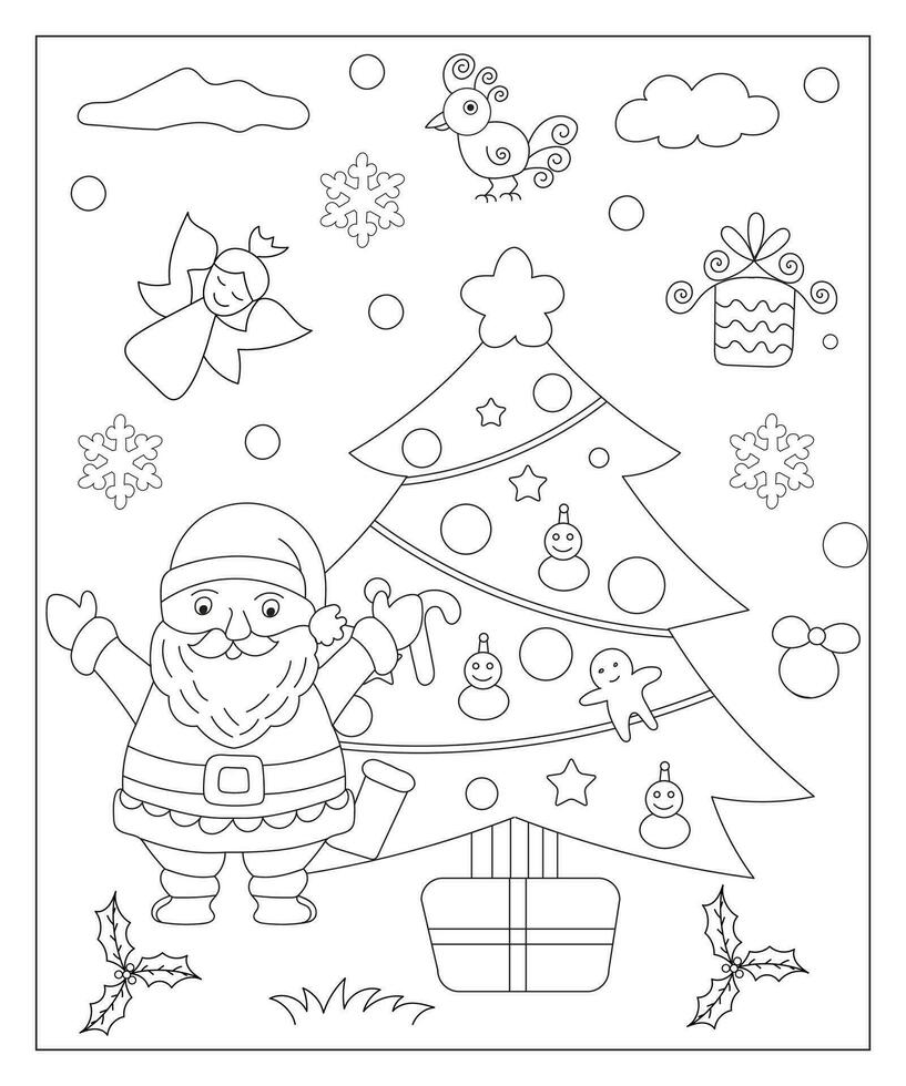 färg sida av en dekorerad jul träd med gåvor. vektor svart och vit illustration på vit bakgrund.