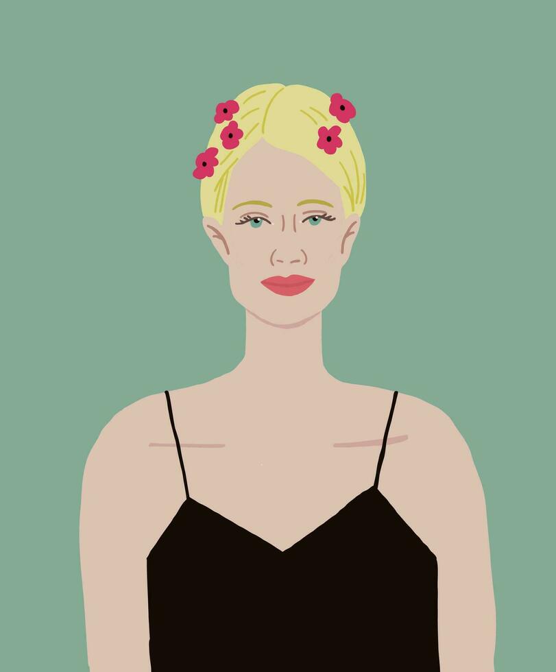 Vektor Porträt von das schön blond Frau im schwarz Kleid mit rot Blumen im Kopf auf Grün Hintergrund. blond Frau Porträt.