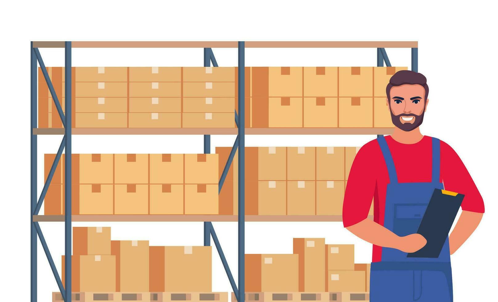 lager arbetstagare och kuggstång med kartong lådor. logistisk leverans service begrepp. vektor illustration.