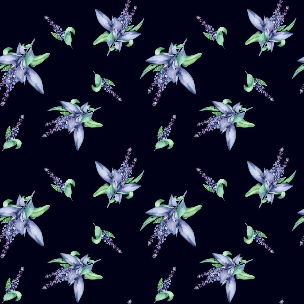 Salbei Kräuter- Pflanze Aquarell nahtlos Muster isoliert auf schwarz Hintergrund. Salvia officinalis, lila Blätter, nützlich Kraut Hand gezeichnet. Design zum Textil, Paket, Verpackung, Papier, Stoff. vektor