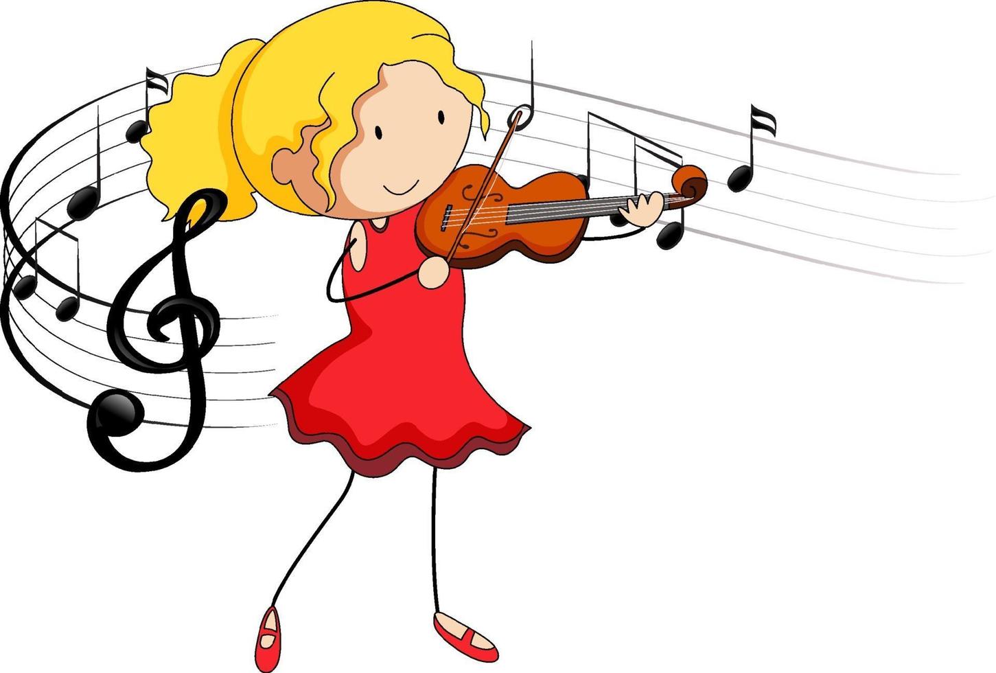 Cartoon kritzelt ein Mädchen, das Geige mit Melodiesymbolen spielt vektor