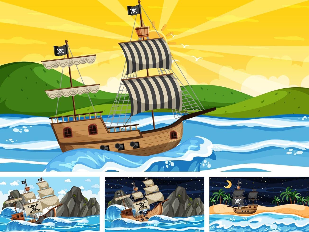 Satz von Ozeanszenen mit Piratenschiff im Cartoon-Stil vektor