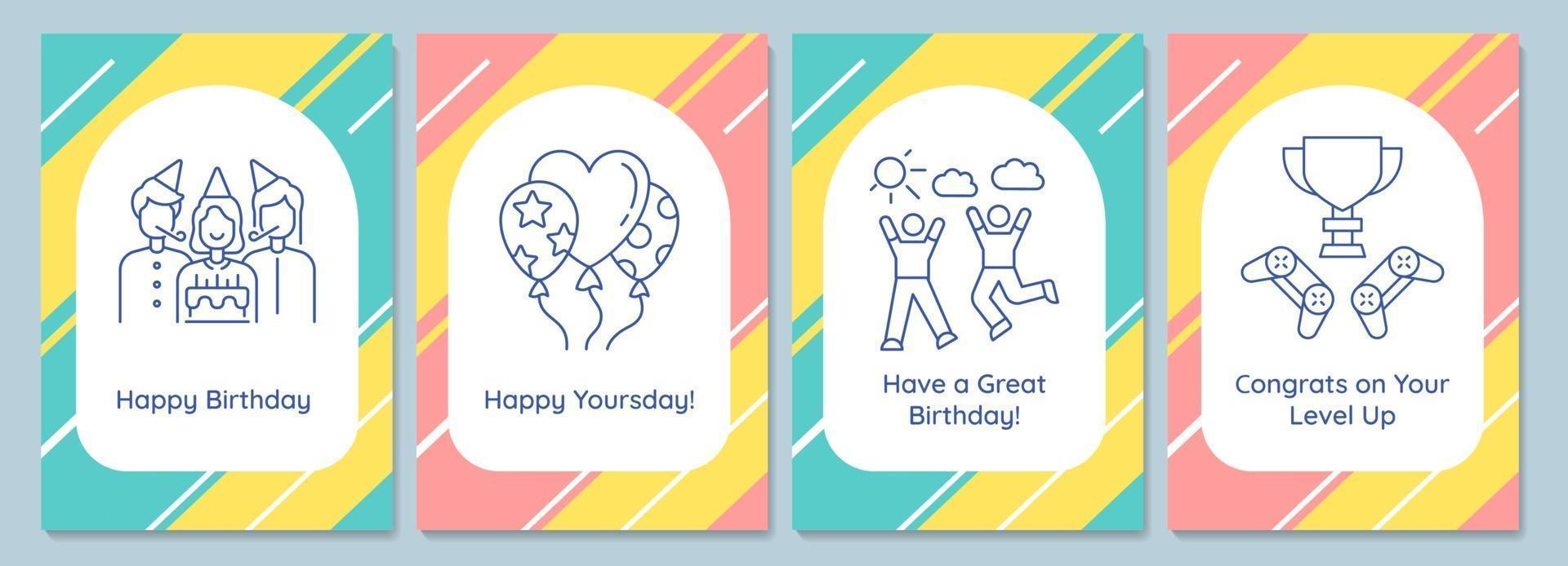 Geburtstagsfeier-Postkarten mit linearem Glyphen-Icon-Set feiern vektor