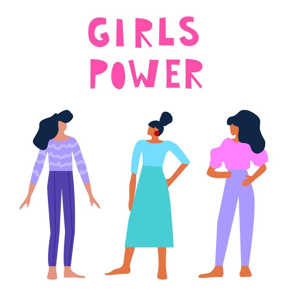 doodle kvinna karaktär. girl power, empowerment, tema för mångfald vektor