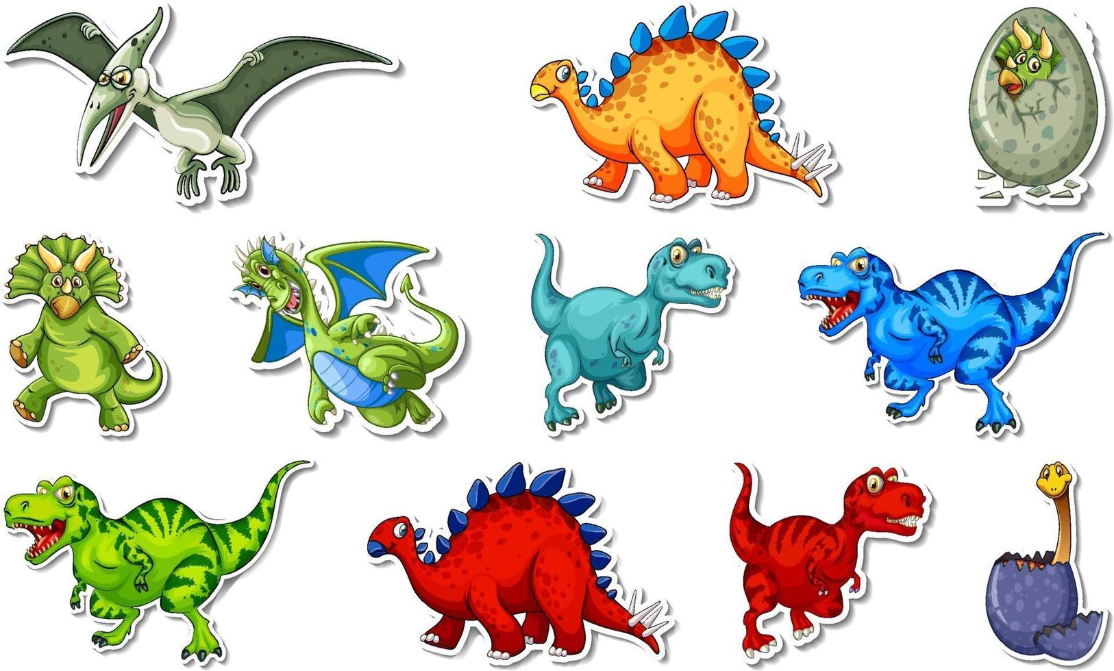 klistermärke med olika typer av dinosaurier vektor